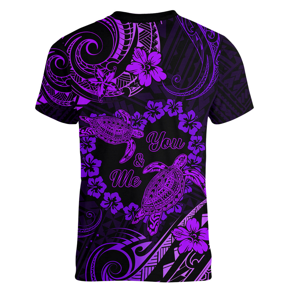 Polynesian Turtle Valentine Women V Neck T Shirt You And Me Purple Hibiscus Heart LT01 - Polynesian Pride