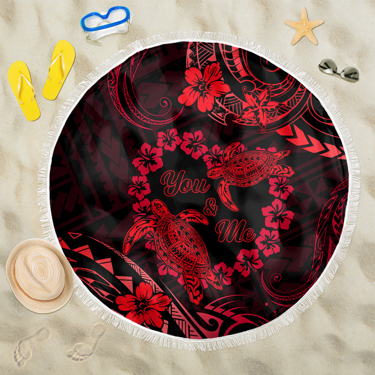 Polynesian Turtle Valentine Beach Blanket You And Me Red Hibiscus Heart LT01 One Size 150cm Red - Polynesian Pride