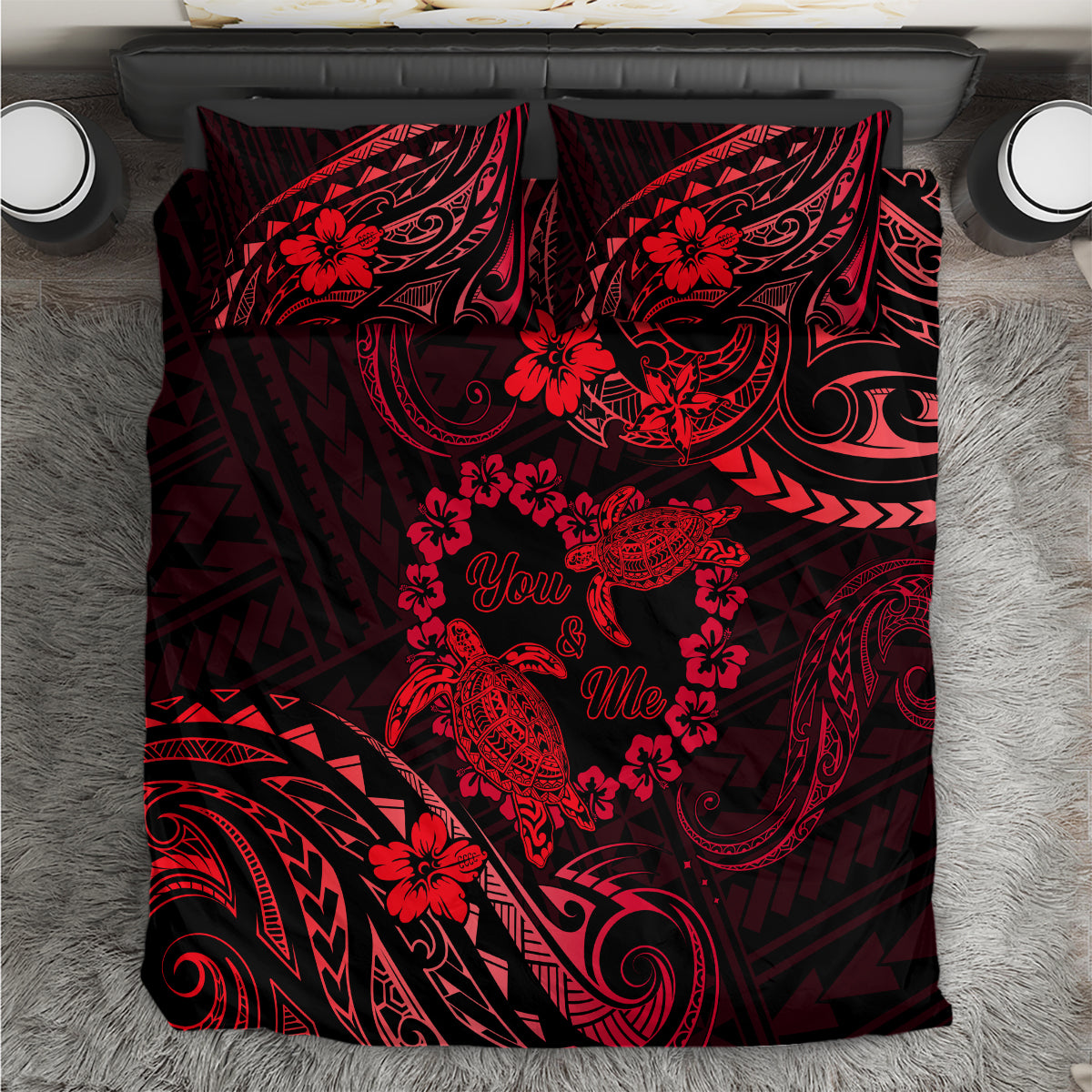 Polynesian Turtle Valentine Bedding Set You And Me Red Hibiscus Heart LT01 Red - Polynesian Pride