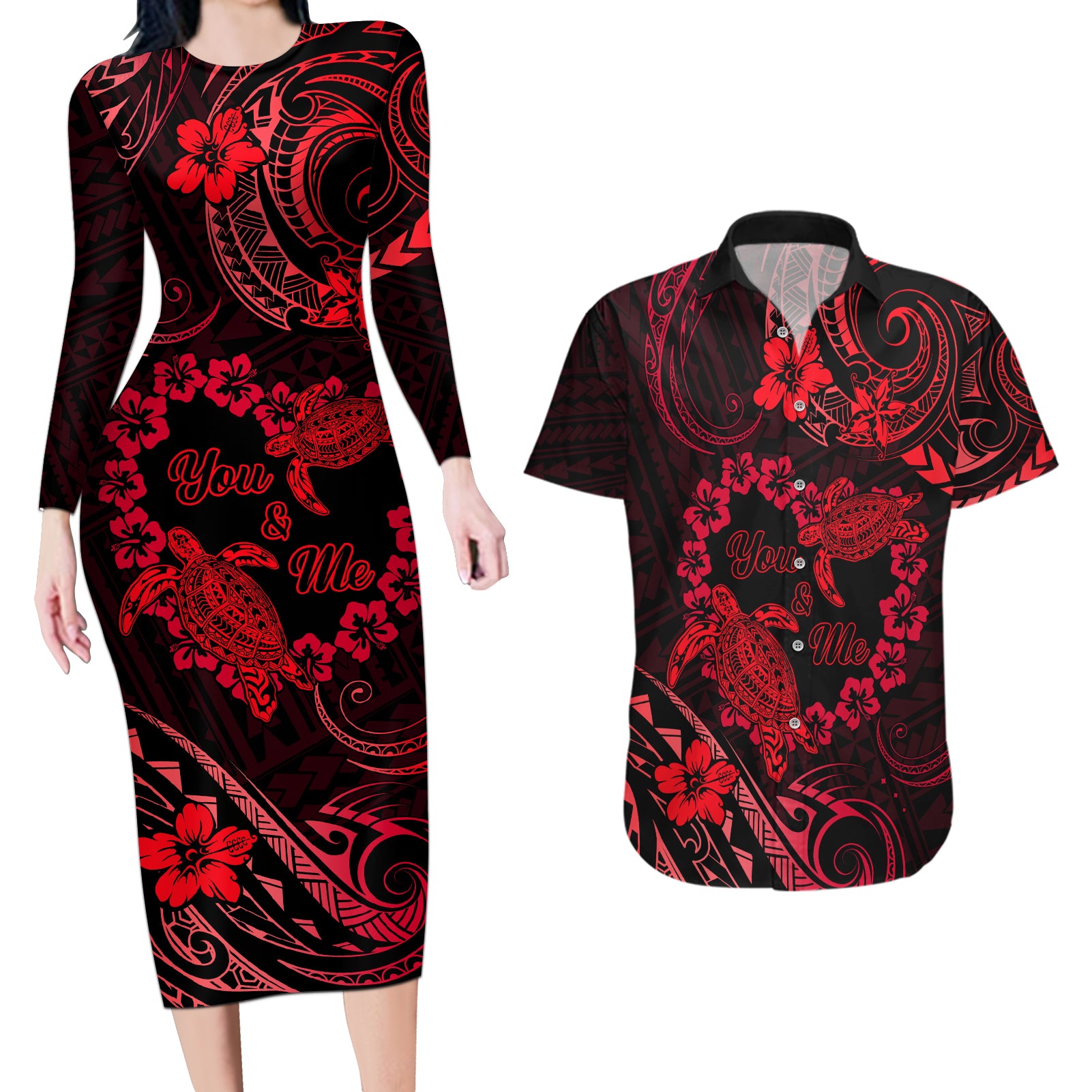 Polynesian Turtle Valentine Couples Matching Long Sleeve Bodycon Dress and Hawaiian Shirt You And Me Red Hibiscus Heart LT01 Red - Polynesian Pride