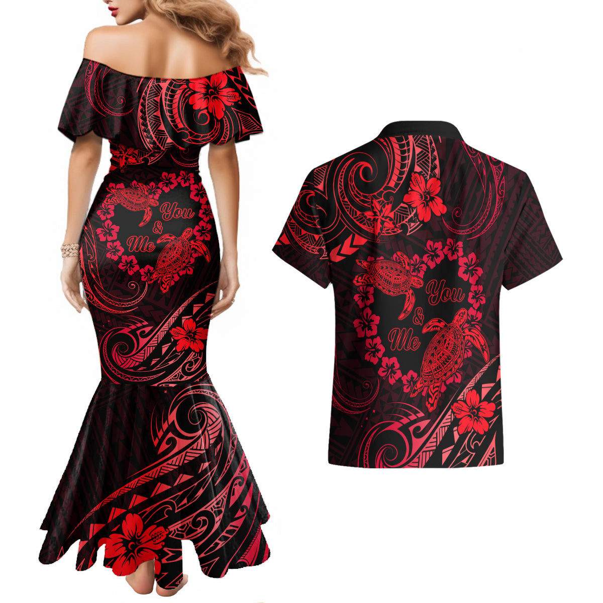 Polynesian Turtle Valentine Couples Matching Mermaid Dress and Hawaiian Shirt You And Me Red Hibiscus Heart LT01 - Polynesian Pride
