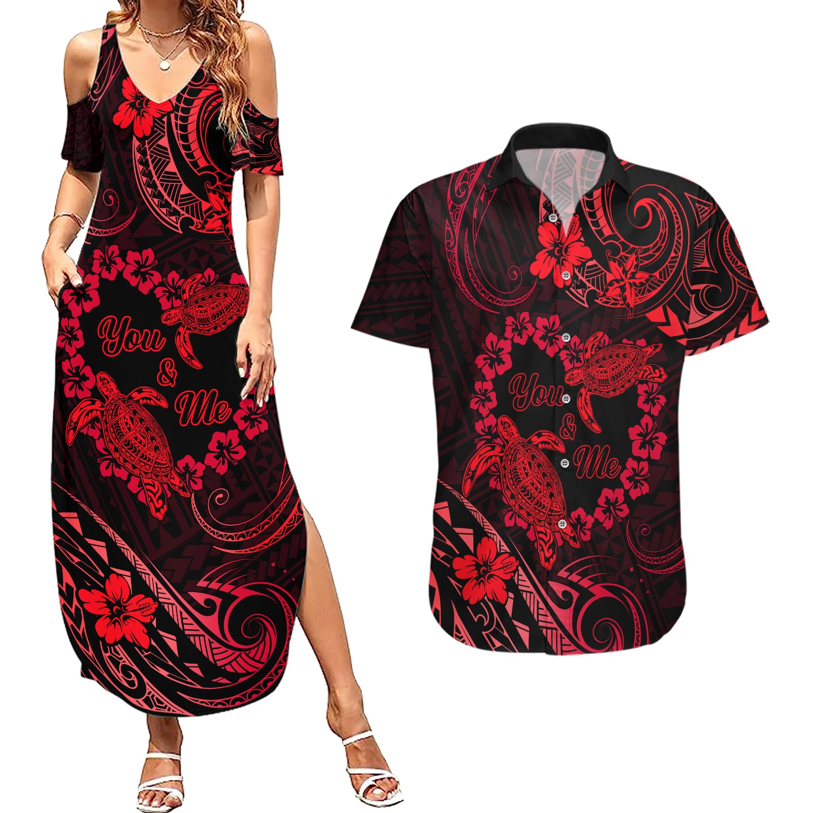 Polynesian Turtle Valentine Couples Matching Summer Maxi Dress and Hawaiian Shirt You And Me Red Hibiscus Heart LT01 Red - Polynesian Pride