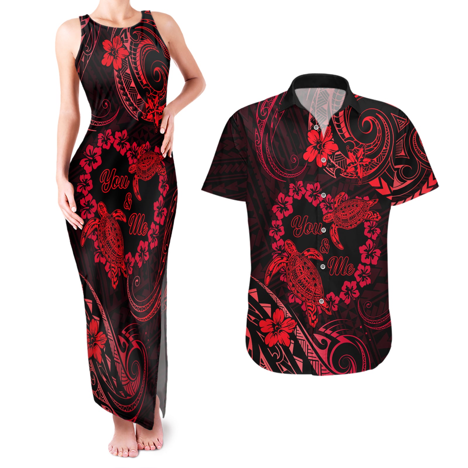 Polynesian Turtle Valentine Couples Matching Tank Maxi Dress and Hawaiian Shirt You And Me Red Hibiscus Heart LT01 Red - Polynesian Pride