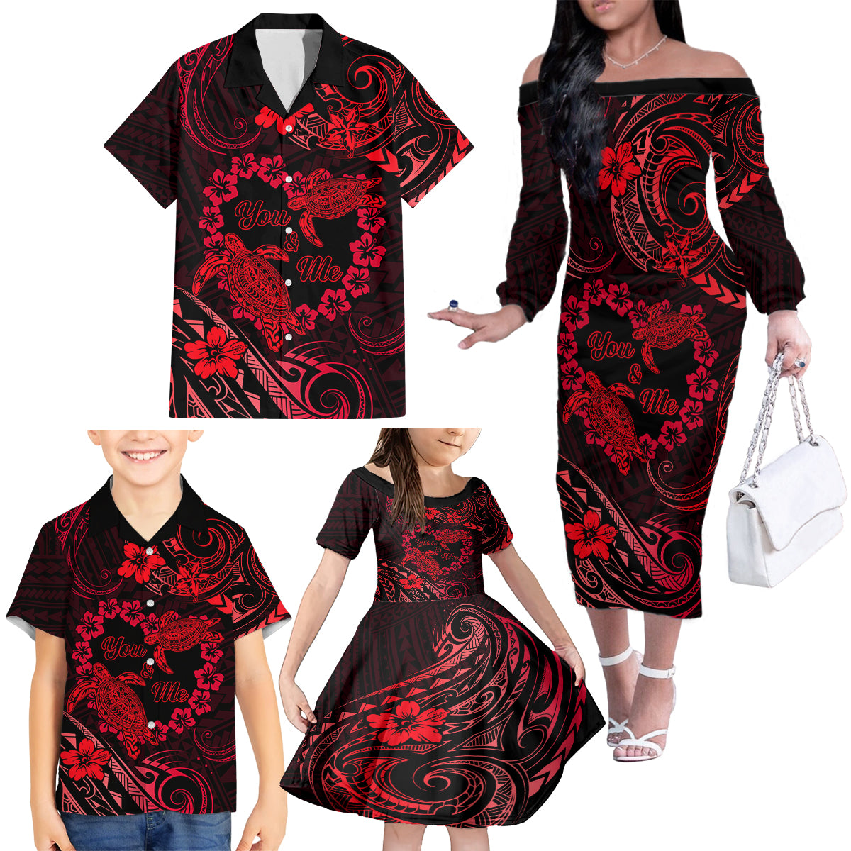 Polynesian Turtle Valentine Family Matching Off Shoulder Long Sleeve Dress and Hawaiian Shirt You And Me Red Hibiscus Heart LT01 - Polynesian Pride