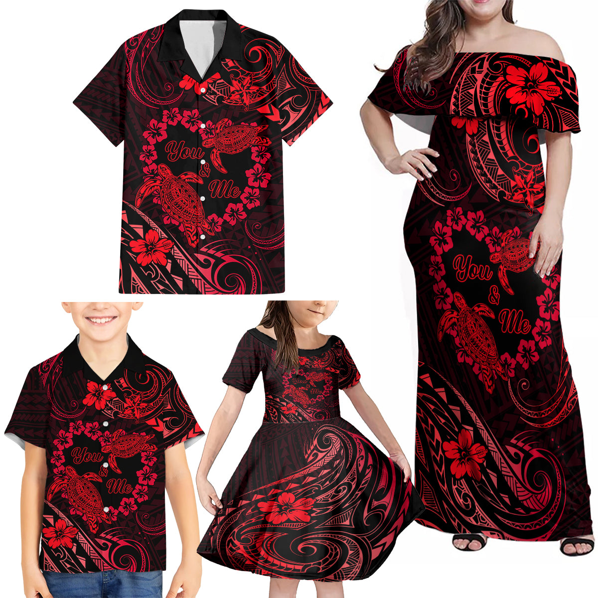 Polynesian Turtle Valentine Family Matching Off Shoulder Maxi Dress and Hawaiian Shirt You And Me Red Hibiscus Heart LT01 - Polynesian Pride