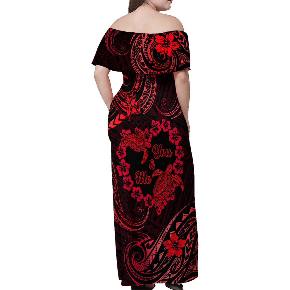 Polynesian Turtle Valentine Family Matching Off Shoulder Maxi Dress and Hawaiian Shirt You And Me Red Hibiscus Heart LT01 - Polynesian Pride