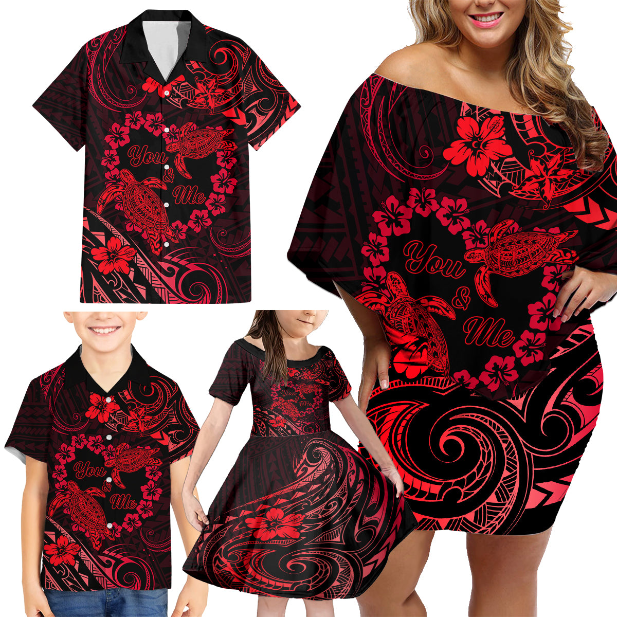 Polynesian Turtle Valentine Family Matching Off Shoulder Short Dress and Hawaiian Shirt You And Me Red Hibiscus Heart LT01 - Polynesian Pride