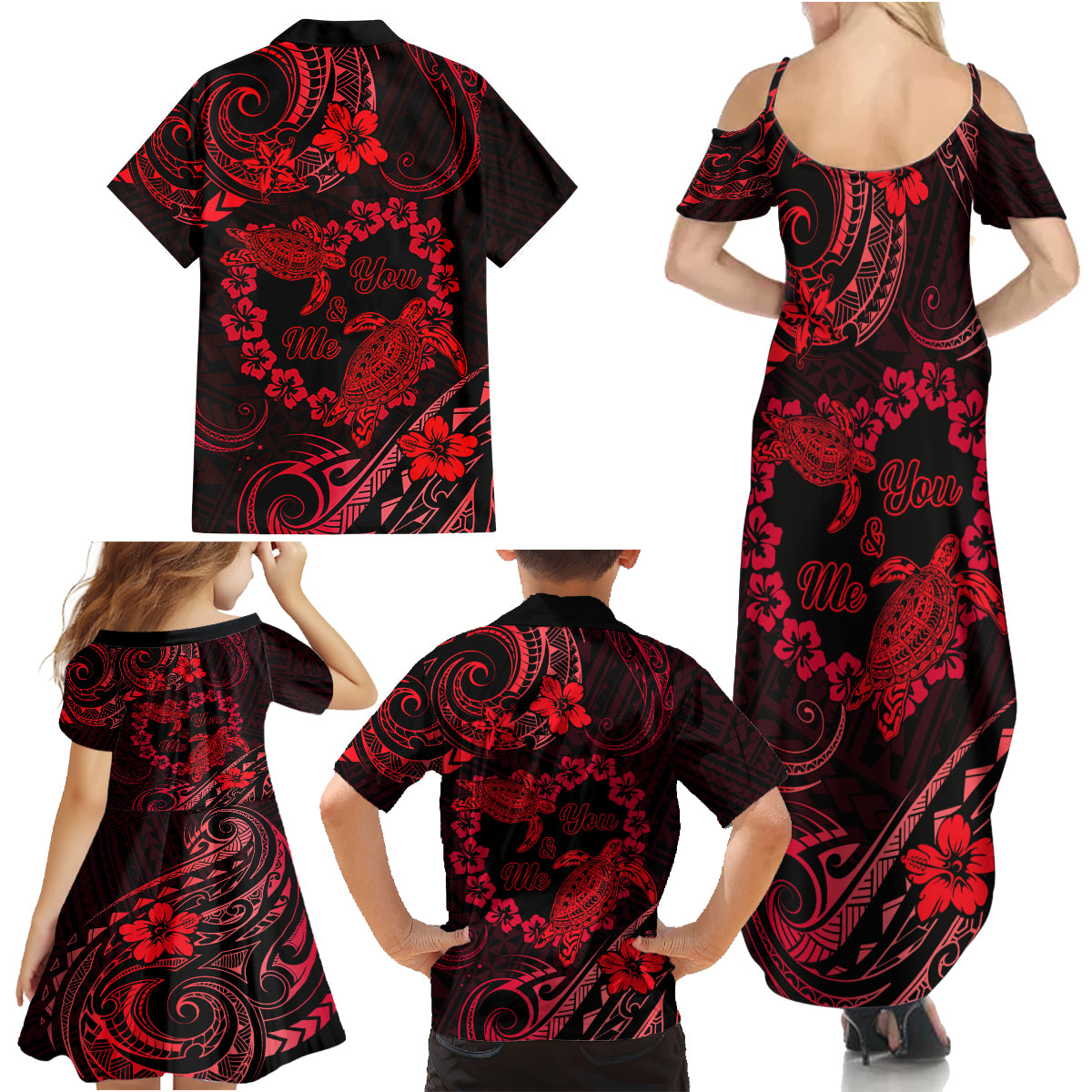 Polynesian Turtle Valentine Family Matching Summer Maxi Dress and Hawaiian Shirt You And Me Red Hibiscus Heart LT01 - Polynesian Pride