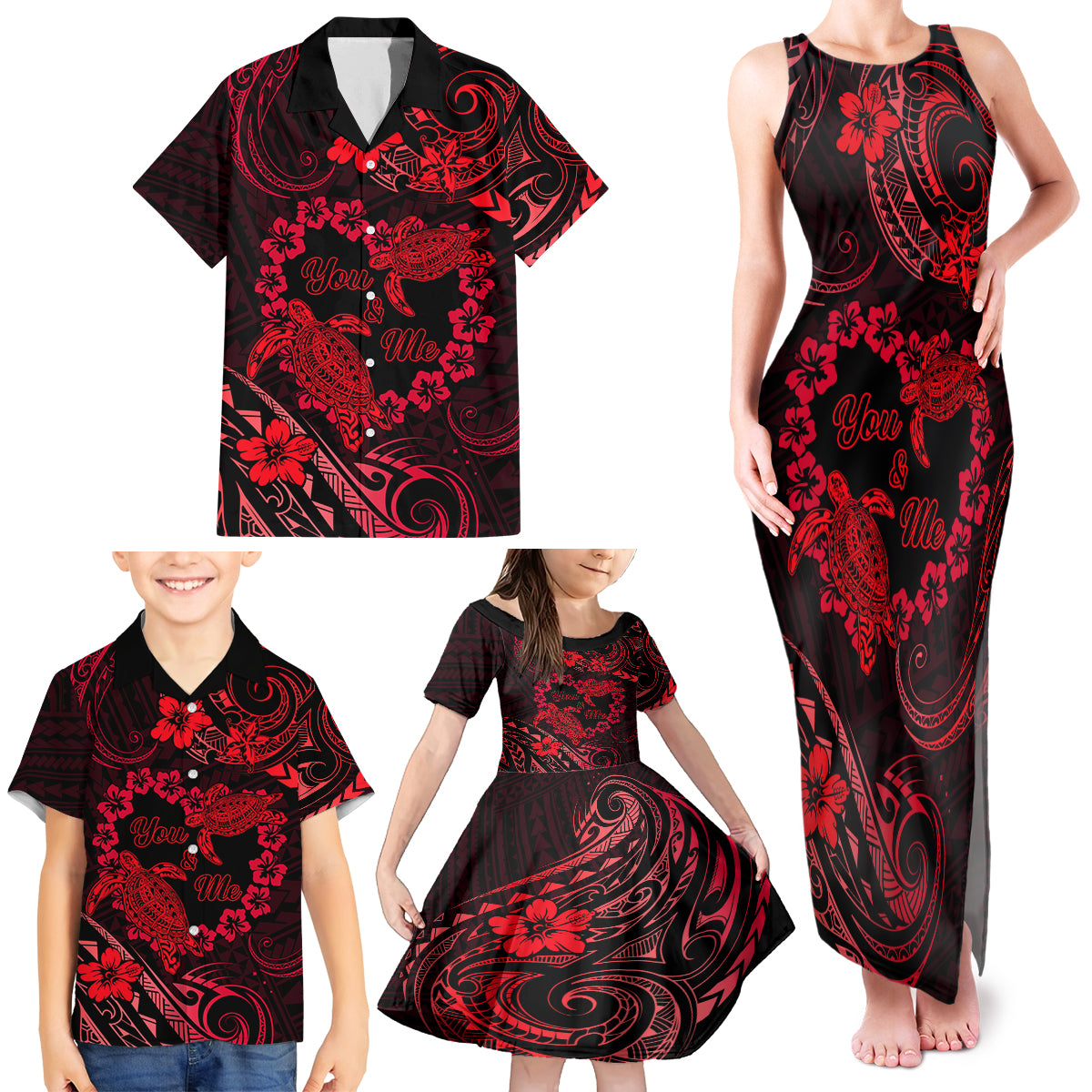 Polynesian Turtle Valentine Family Matching Tank Maxi Dress and Hawaiian Shirt You And Me Red Hibiscus Heart LT01 - Polynesian Pride