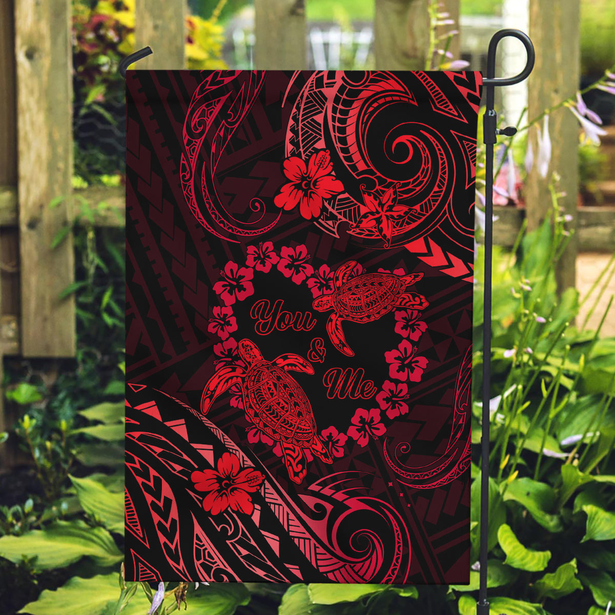 Polynesian Turtle Valentine Garden Flag You And Me Red Hibiscus Heart LT01 Garden Flag Red - Polynesian Pride