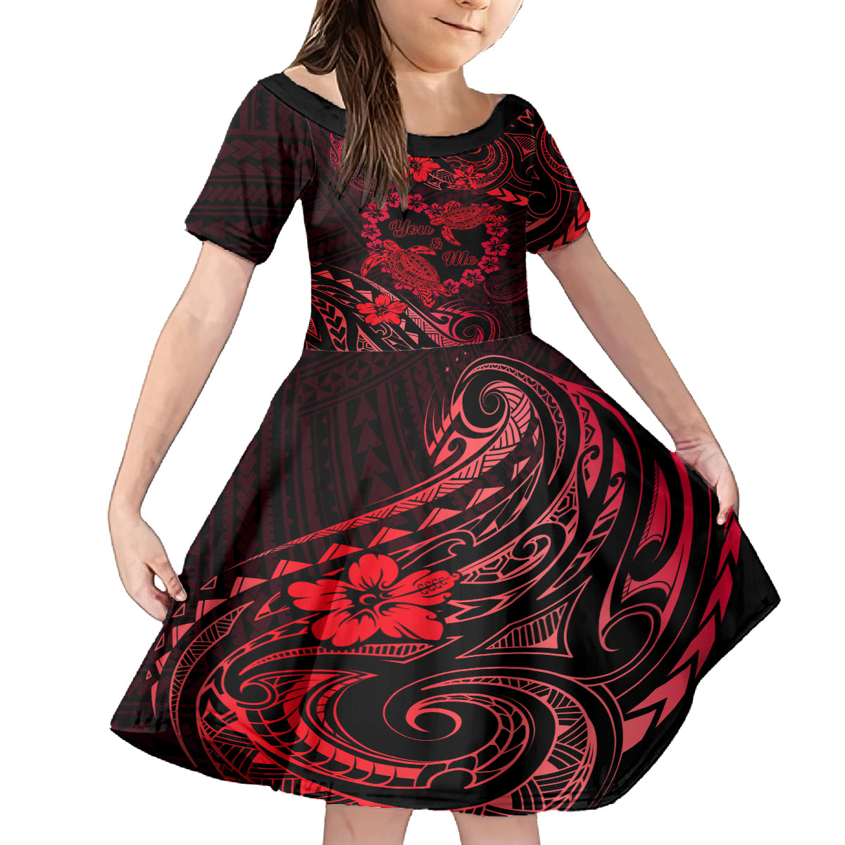 Polynesian Turtle Valentine Kid Short Sleeve Dress You And Me Red Hibiscus Heart LT01 KID Red - Polynesian Pride