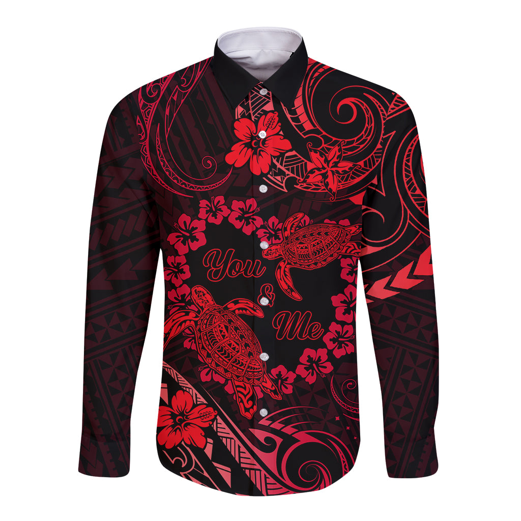 Polynesian Turtle Valentine Long Sleeve Button Shirt You And Me Red Hibiscus Heart LT01 Unisex Red - Polynesian Pride