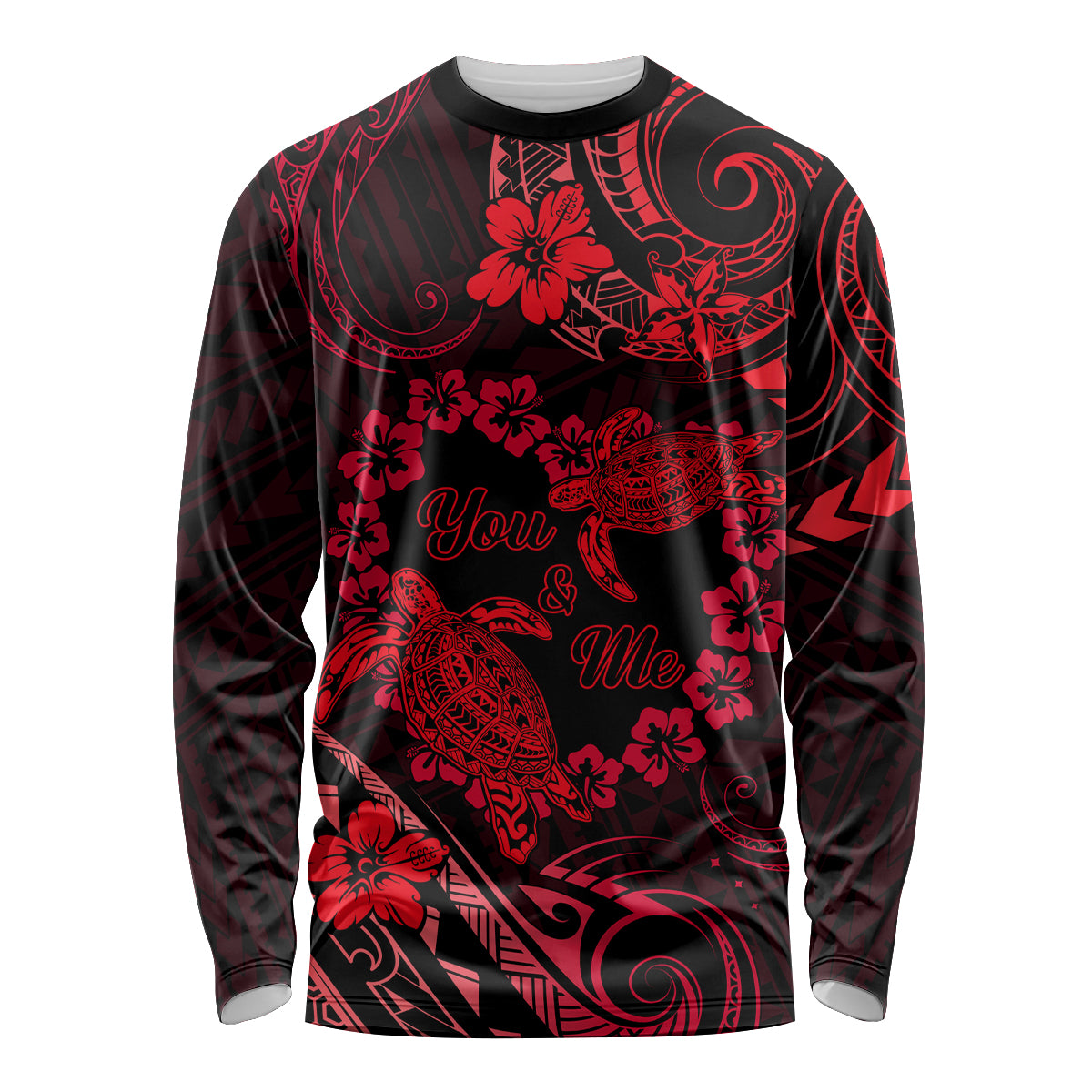 Polynesian Turtle Valentine Long Sleeve Shirt You And Me Red Hibiscus Heart LT01 Unisex Red - Polynesian Pride