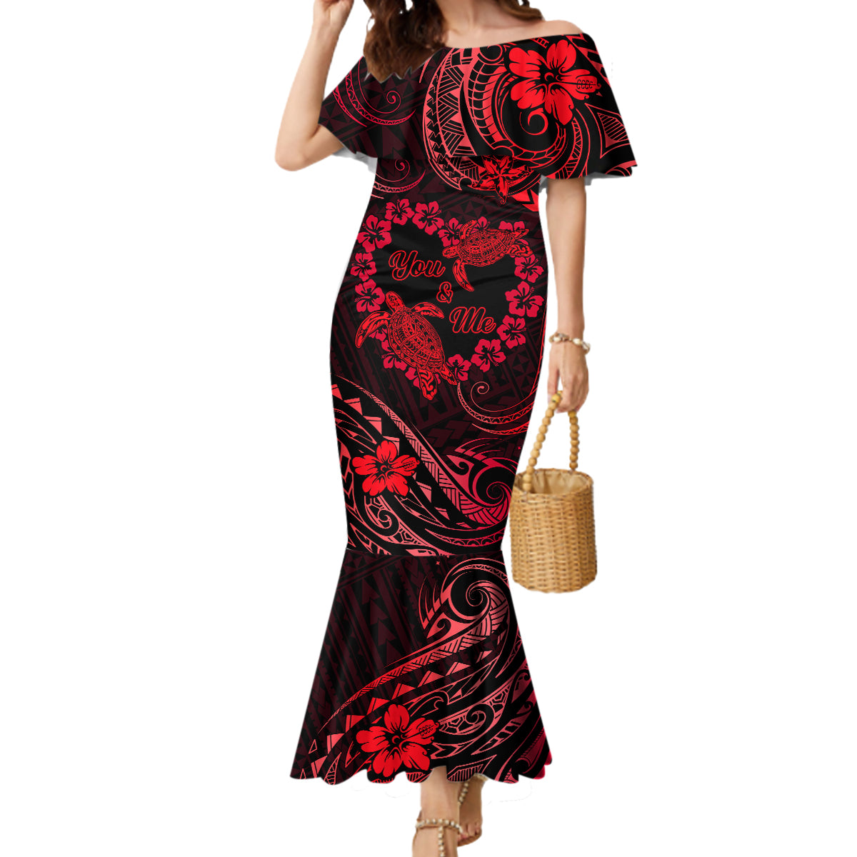 Polynesian Turtle Valentine Mermaid Dress You And Me Red Hibiscus Heart LT01 Women Red - Polynesian Pride