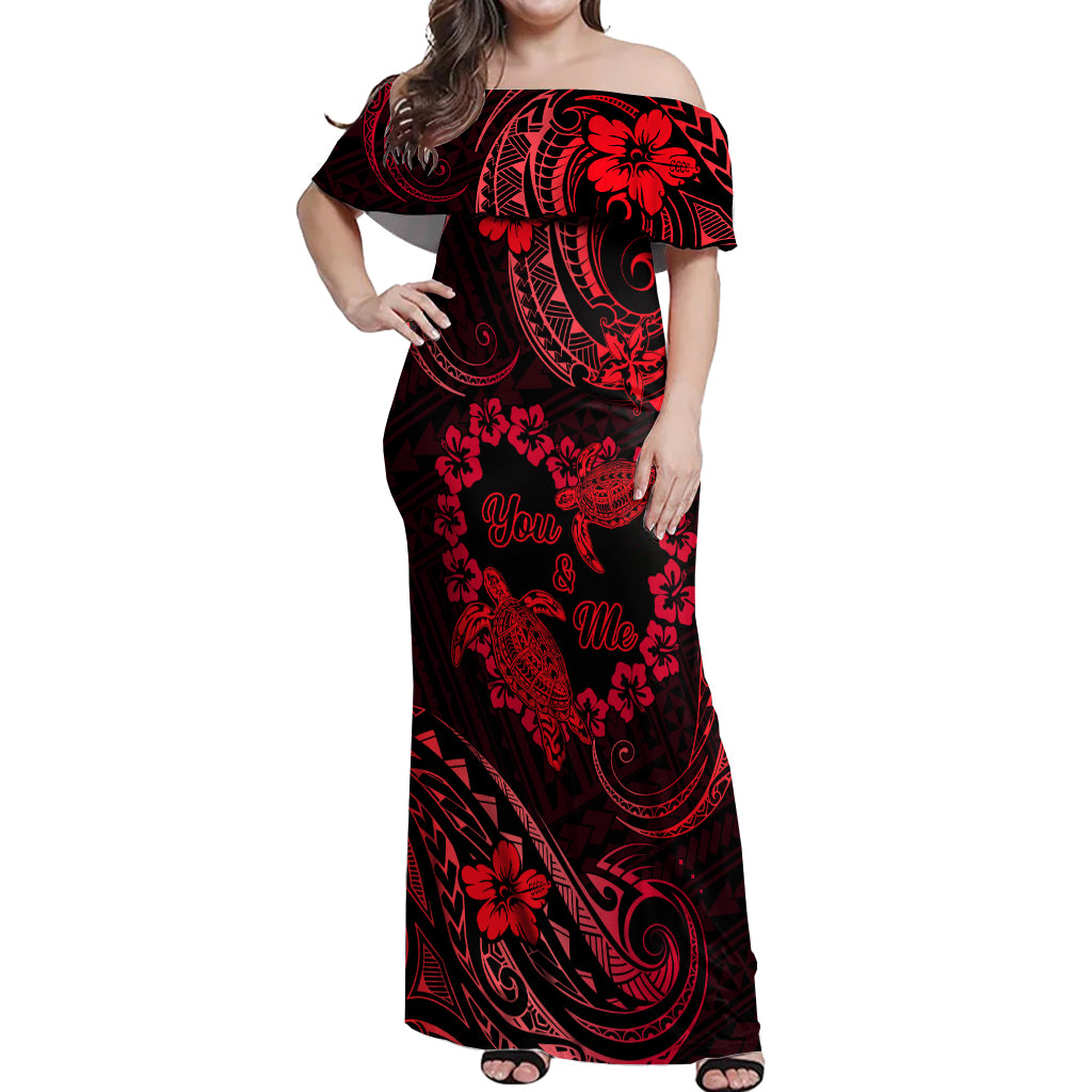 Polynesian Turtle Valentine Off Shoulder Maxi Dress You And Me Red Hibiscus Heart LT01 Women Red - Polynesian Pride