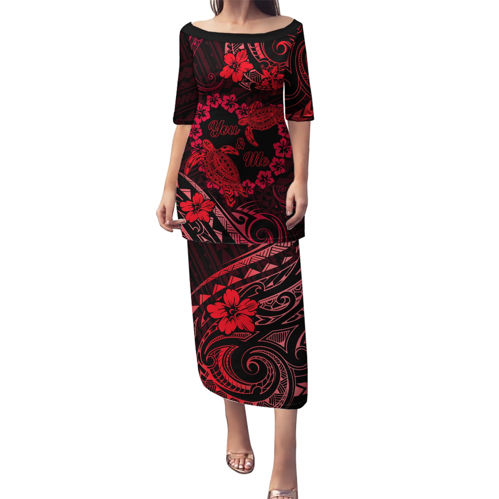 Polynesian Turtle Valentine Puletasi You And Me Red Hibiscus Heart LT01 Long Dress Red - Polynesian Pride