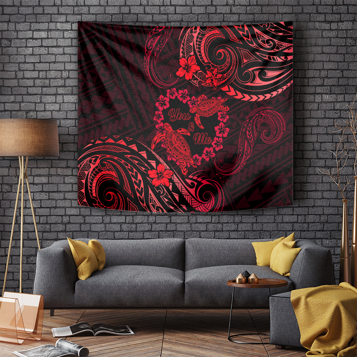 Polynesian Turtle Valentine Tapestry You And Me Red Hibiscus Heart LT01 Red - Polynesian Pride