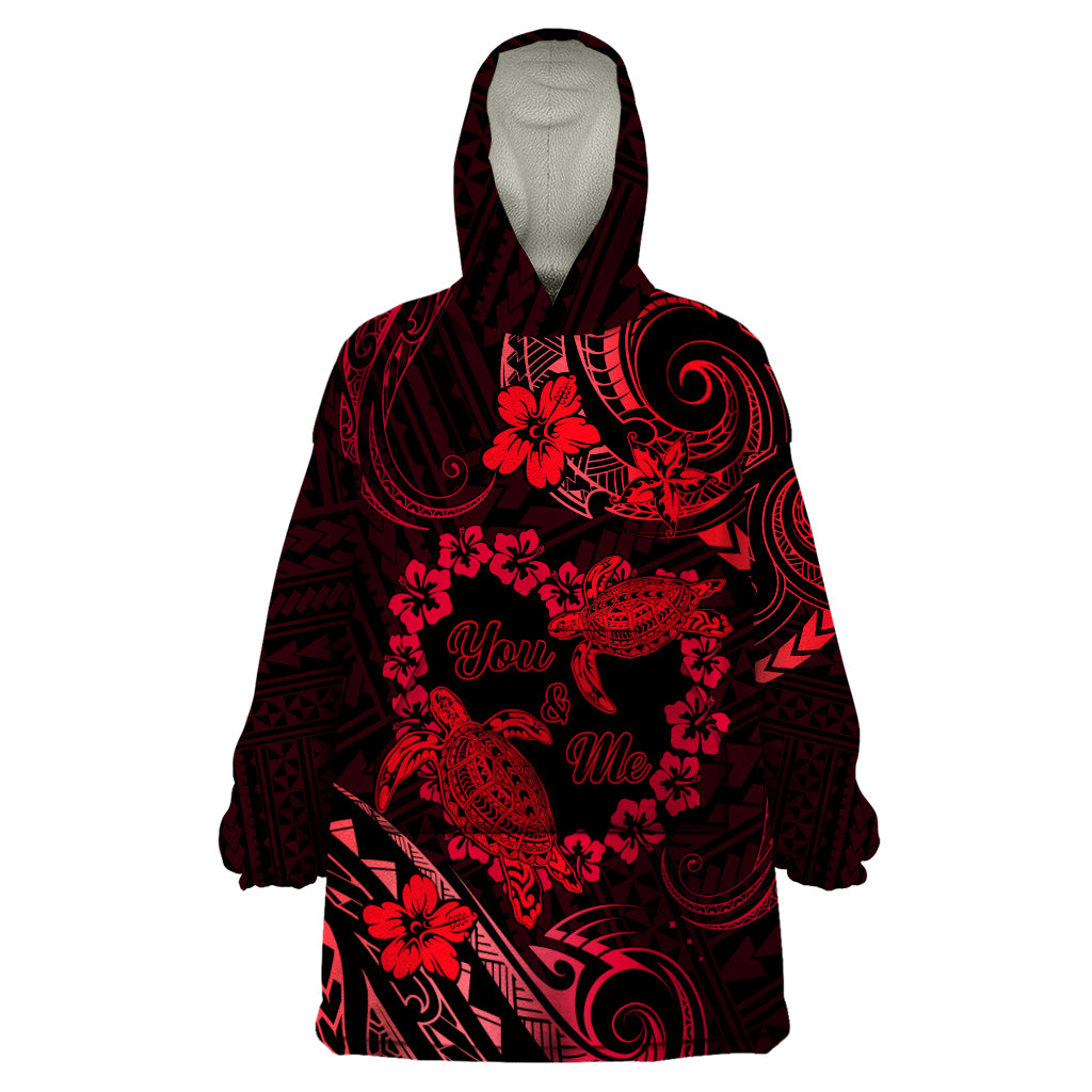 Polynesian Turtle Valentine Wearable Blanket Hoodie You And Me Red Hibiscus Heart LT01 One Size Red - Polynesian Pride