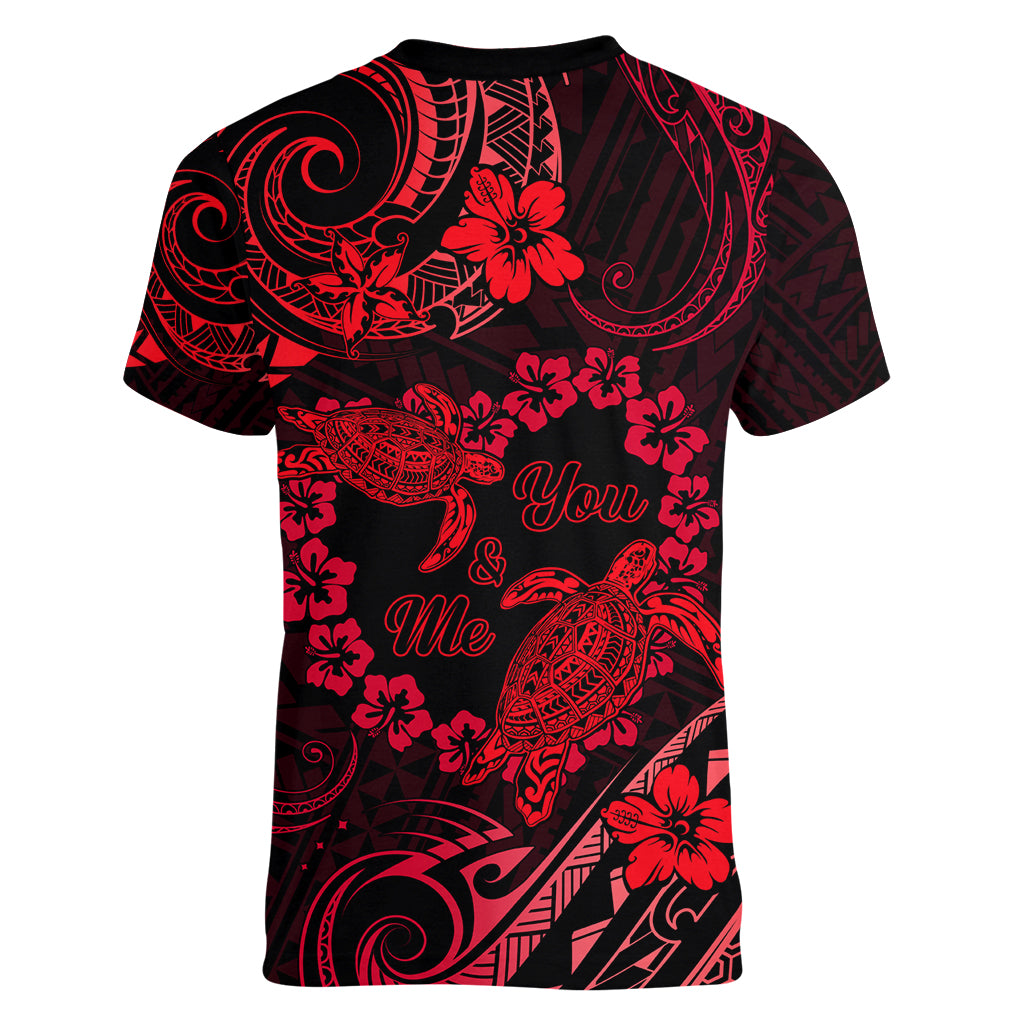 Polynesian Turtle Valentine Women V Neck T Shirt You And Me Red Hibiscus Heart LT01 - Polynesian Pride