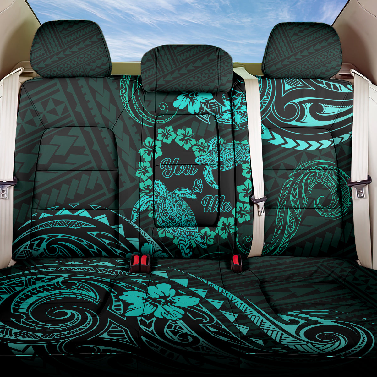 Polynesian Turtle Valentine Back Car Seat Cover You And Me Turquoise Hibiscus Heart LT01 One Size Turquoise - Polynesian Pride