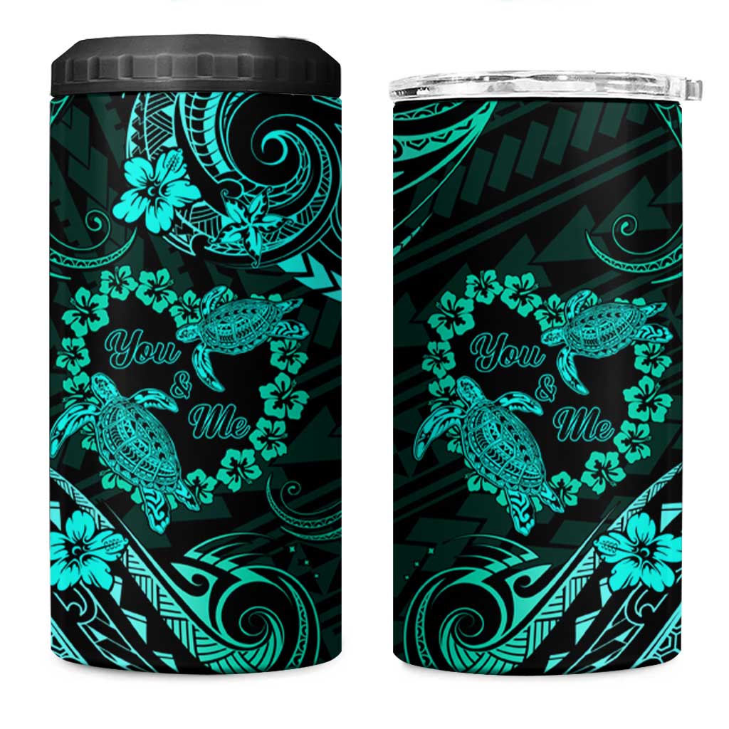 Polynesian Turtle Valentine 4 in 1 Can Cooler Tumbler You And Me Turquoise Hibiscus Heart