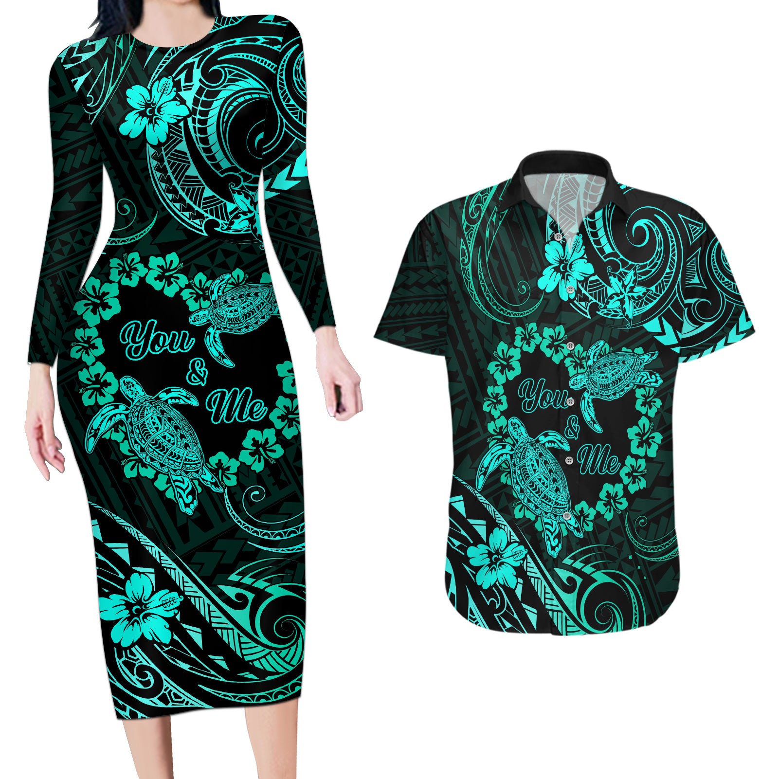 Polynesian Turtle Valentine Couples Matching Long Sleeve Bodycon Dress and Hawaiian Shirt You And Me Turquoise Hibiscus Heart LT01 Turquoise - Polynesian Pride