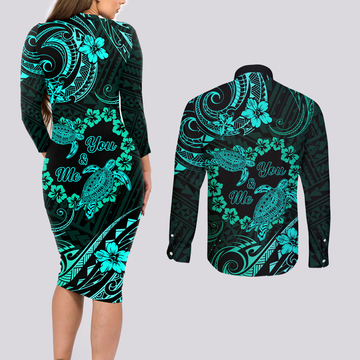 Polynesian Turtle Valentine Couples Matching Long Sleeve Bodycon Dress and Long Sleeve Button Shirt You And Me Turquoise Hibiscus Heart LT01 - Polynesian Pride