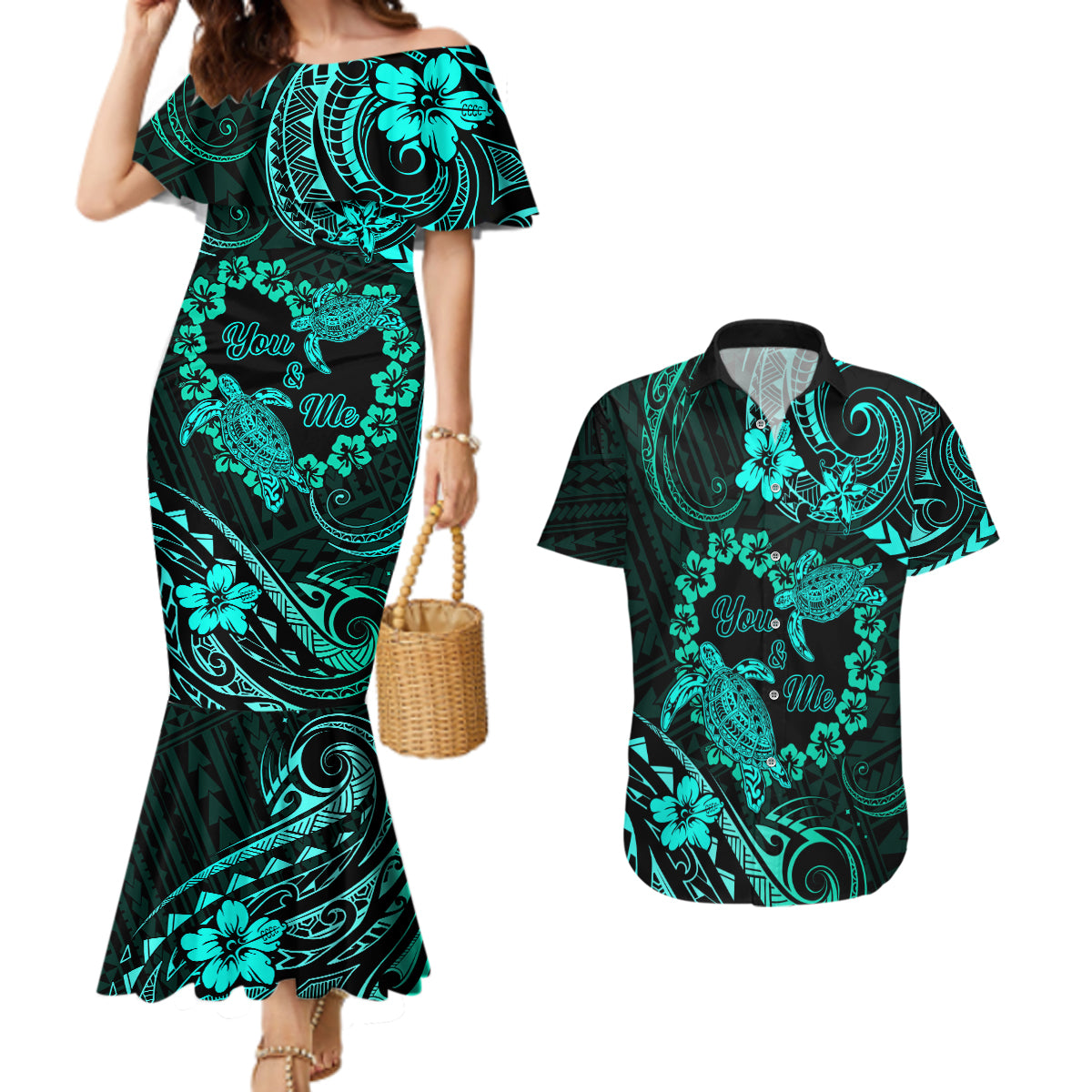 Polynesian Turtle Valentine Couples Matching Mermaid Dress and Hawaiian Shirt You And Me Turquoise Hibiscus Heart LT01 Turquoise - Polynesian Pride