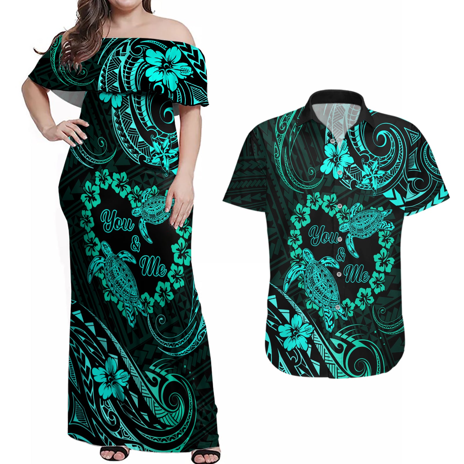 Polynesian Turtle Valentine Couples Matching Off Shoulder Maxi Dress and Hawaiian Shirt You And Me Turquoise Hibiscus Heart LT01 Turquoise - Polynesian Pride