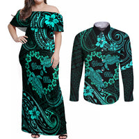 Polynesian Turtle Valentine Couples Matching Off Shoulder Maxi Dress and Long Sleeve Button Shirt You And Me Turquoise Hibiscus Heart LT01 Turquoise - Polynesian Pride