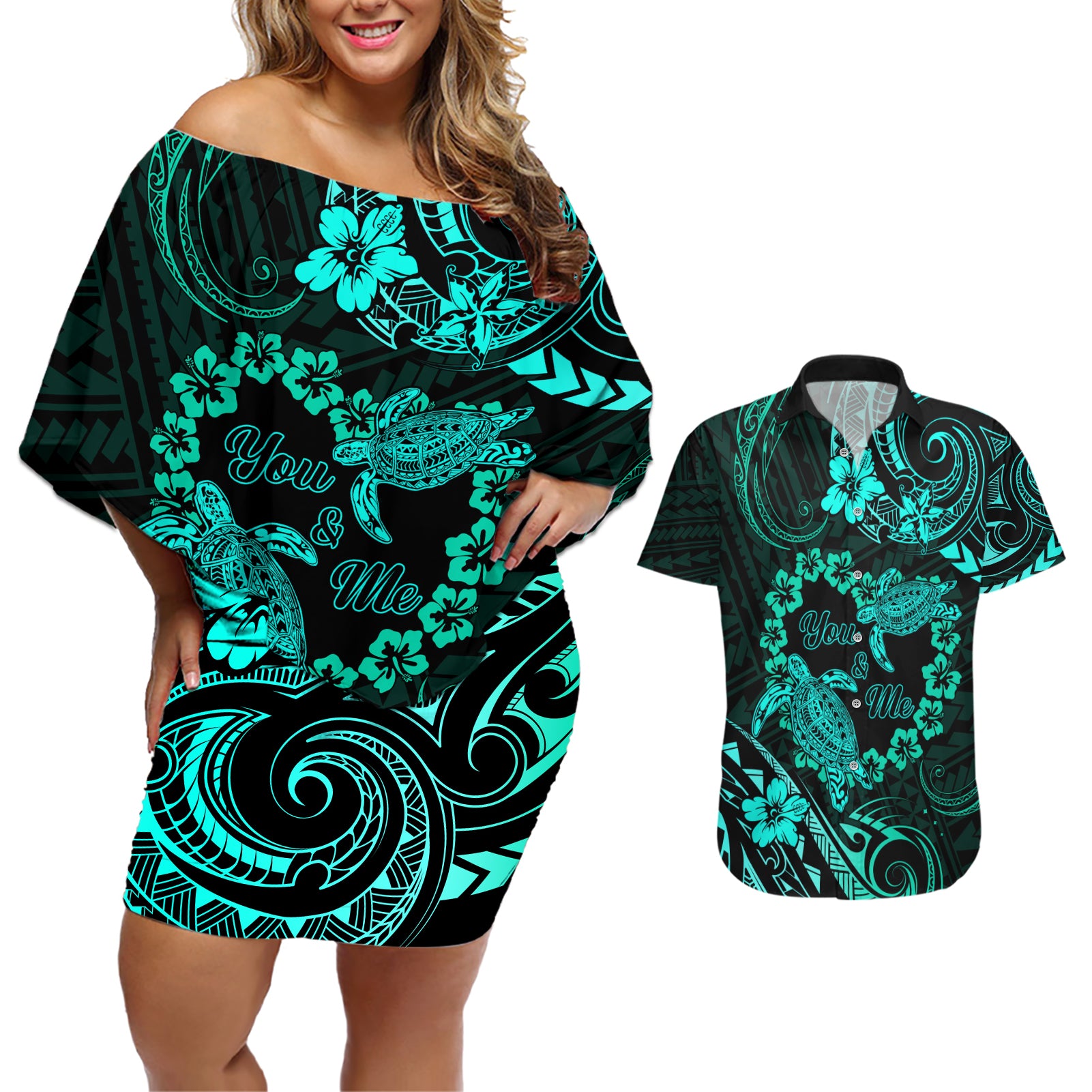 Polynesian Turtle Valentine Couples Matching Off Shoulder Short Dress and Hawaiian Shirt You And Me Turquoise Hibiscus Heart LT01 Turquoise - Polynesian Pride