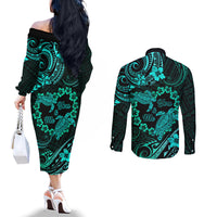 Polynesian Turtle Valentine Couples Matching Off The Shoulder Long Sleeve Dress and Long Sleeve Button Shirt You And Me Turquoise Hibiscus Heart LT01 - Polynesian Pride