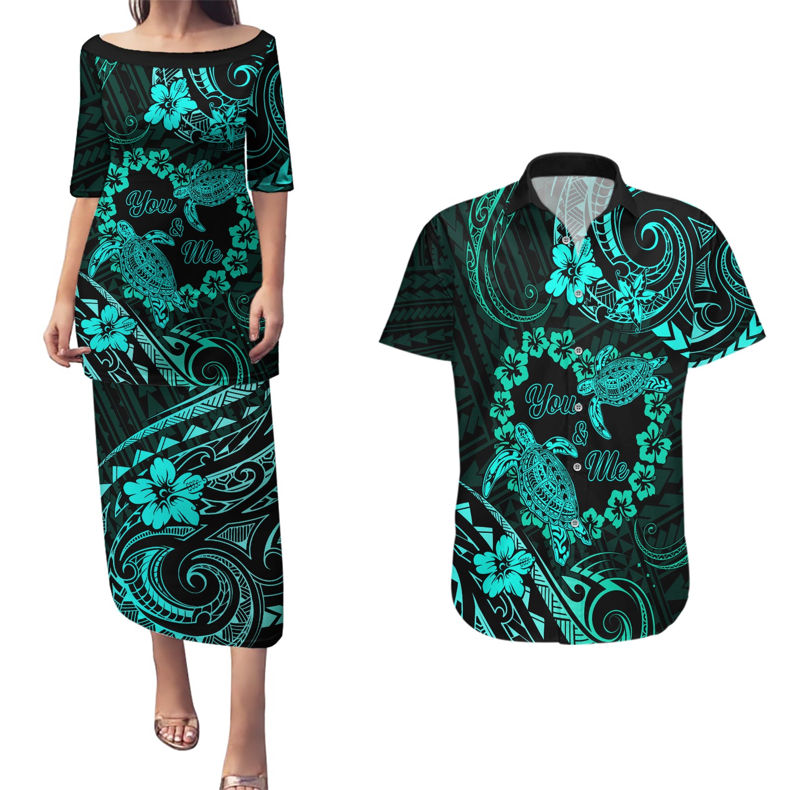 Polynesian Turtle Valentine Couples Matching Puletasi and Hawaiian Shirt You And Me Turquoise Hibiscus Heart LT01 Turquoise - Polynesian Pride