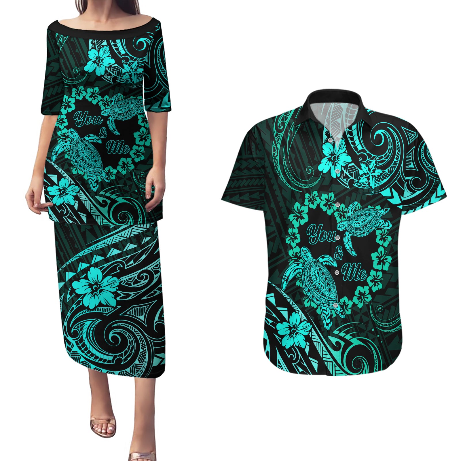 Polynesian Turtle Valentine Couples Matching Puletasi and Hawaiian Shirt You And Me Turquoise Hibiscus Heart LT01 Turquoise - Polynesian Pride