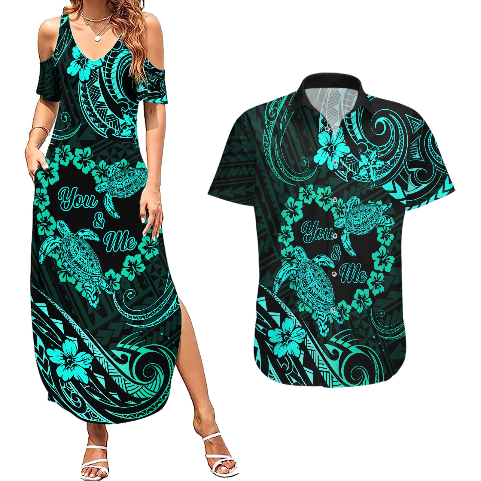 Polynesian Turtle Valentine Couples Matching Summer Maxi Dress and Hawaiian Shirt You And Me Turquoise Hibiscus Heart LT01 Turquoise - Polynesian Pride