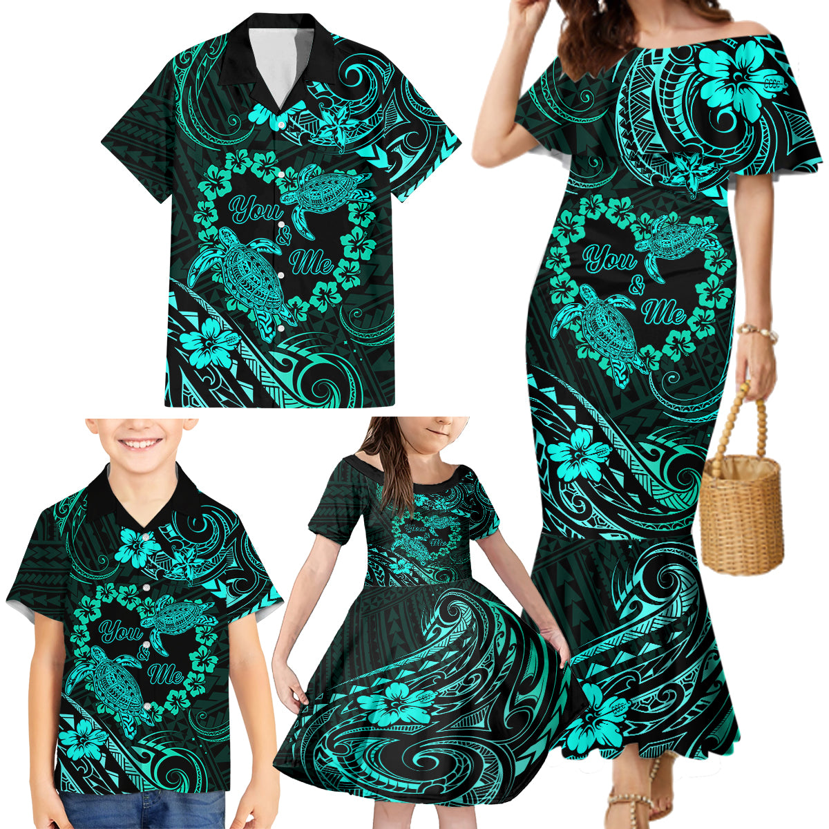 Polynesian Turtle Valentine Family Matching Mermaid Dress and Hawaiian Shirt You And Me Turquoise Hibiscus Heart LT01 - Polynesian Pride