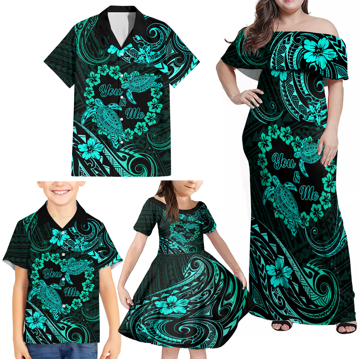 Polynesian Turtle Valentine Family Matching Off Shoulder Maxi Dress and Hawaiian Shirt You And Me Turquoise Hibiscus Heart LT01 - Polynesian Pride