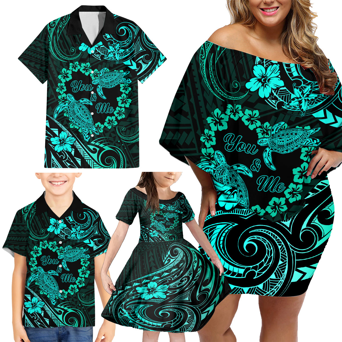 Polynesian Turtle Valentine Family Matching Off Shoulder Short Dress and Hawaiian Shirt You And Me Turquoise Hibiscus Heart LT01 - Polynesian Pride