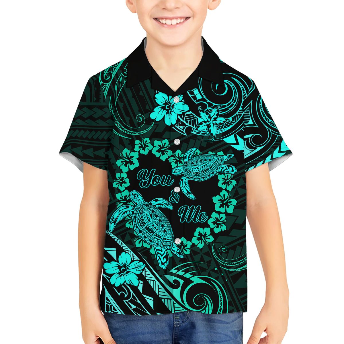 Polynesian Turtle Valentine Family Matching Short Sleeve Bodycon Dress and Hawaiian Shirt You And Me Turquoise Hibiscus Heart LT01 Son's Shirt Turquoise - Polynesian Pride