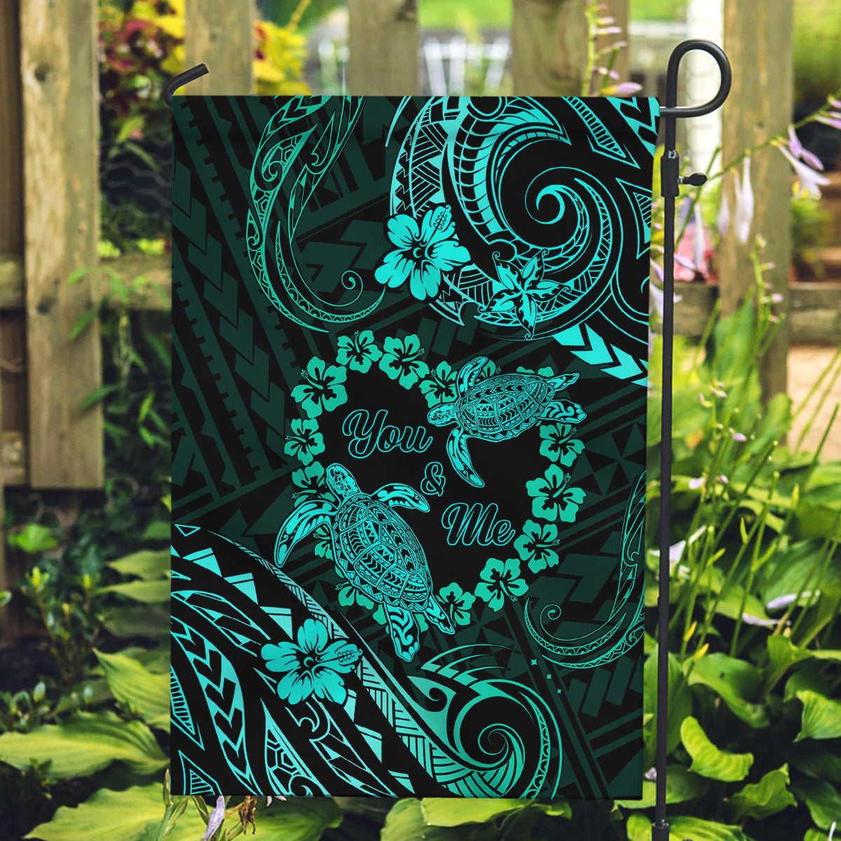 Polynesian Turtle Valentine Garden Flag You And Me Turquoise Hibiscus Heart LT01 Garden Flag Turquoise - Polynesian Pride