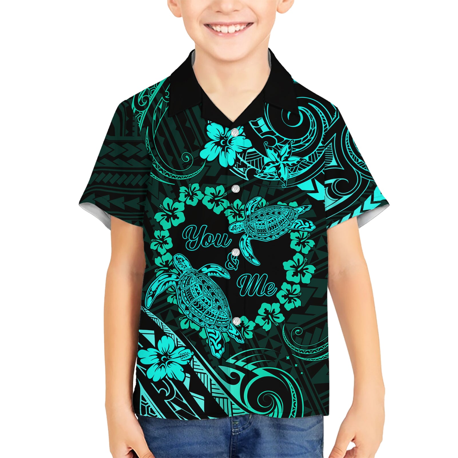 Polynesian Turtle Valentine Kid Hawaiian Shirt You And Me Turquoise Hibiscus Heart LT01 Kid Turquoise - Polynesian Pride