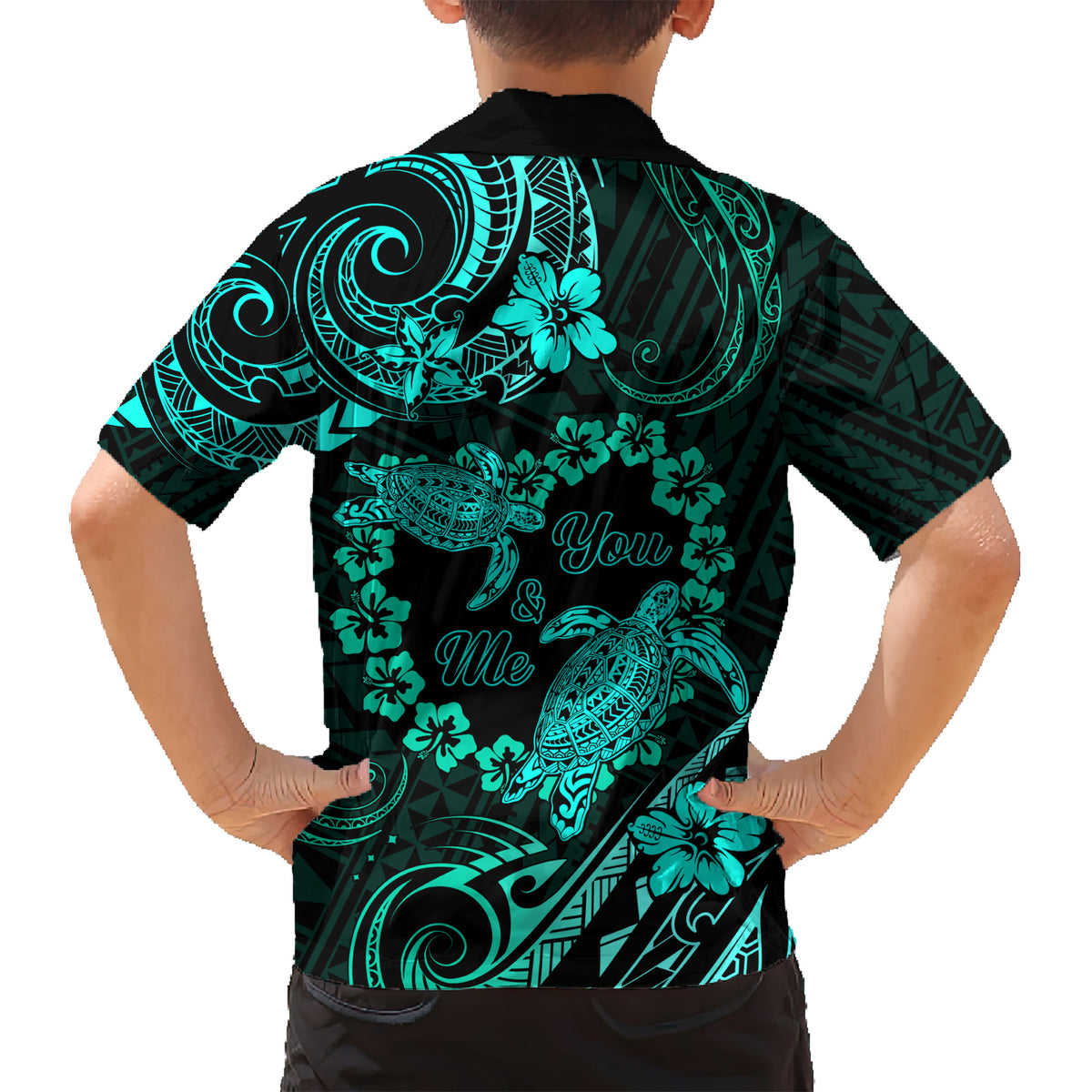 Polynesian Turtle Valentine Kid Hawaiian Shirt You And Me Turquoise Hibiscus Heart LT01 - Polynesian Pride