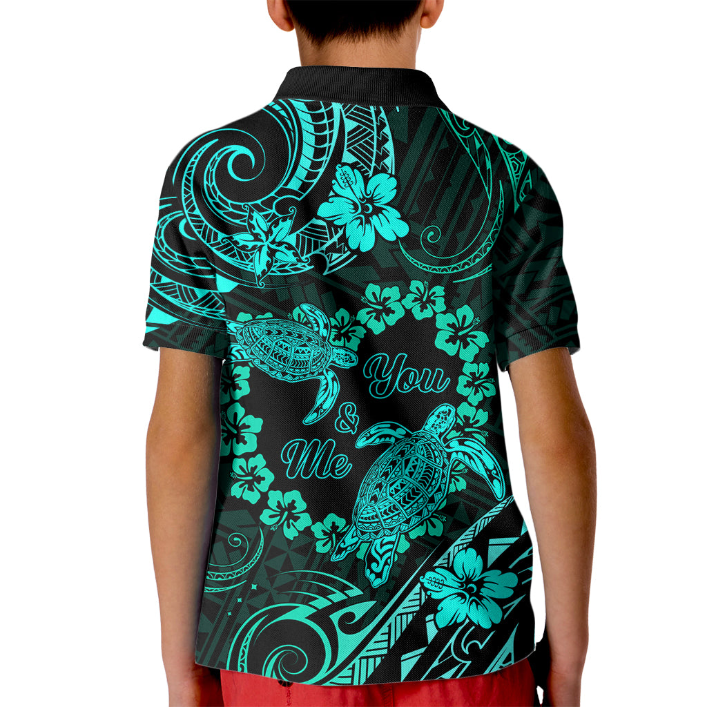Polynesian Turtle Valentine Kid Polo Shirt You And Me Turquoise Hibiscus Heart LT01 - Polynesian Pride