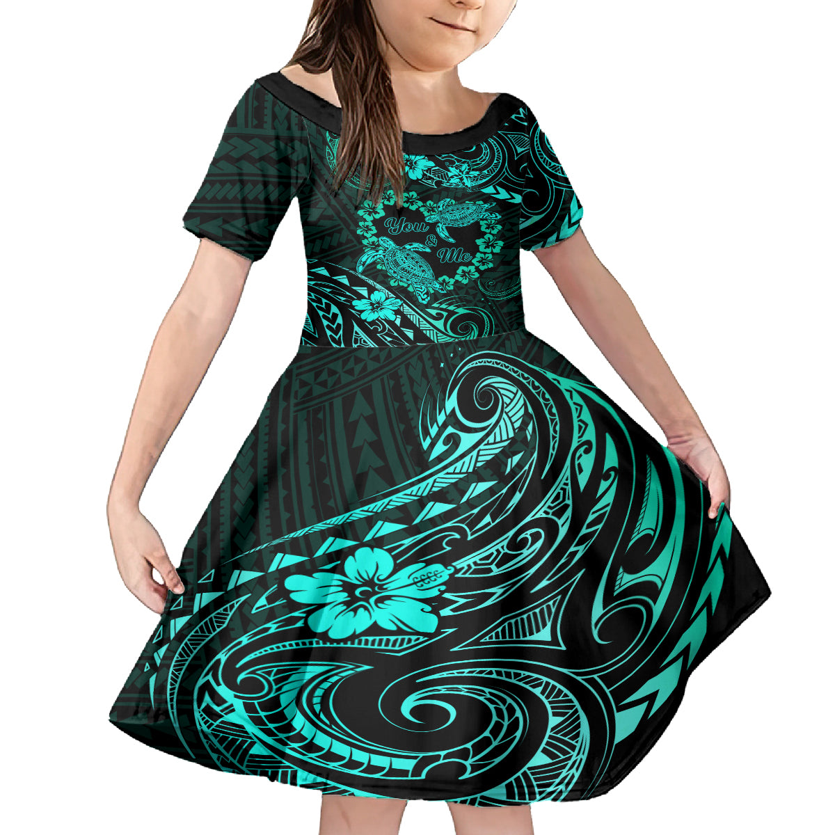 Polynesian Turtle Valentine Kid Short Sleeve Dress You And Me Turquoise Hibiscus Heart LT01 KID Turquoise - Polynesian Pride