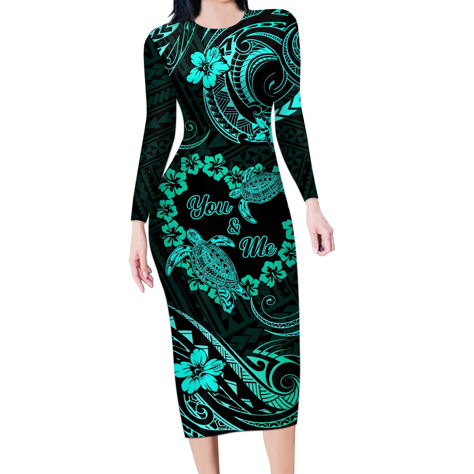 Polynesian Turtle Valentine Long Sleeve Bodycon Dress You And Me Turquoise Hibiscus Heart LT01 Long Dress Turquoise - Polynesian Pride