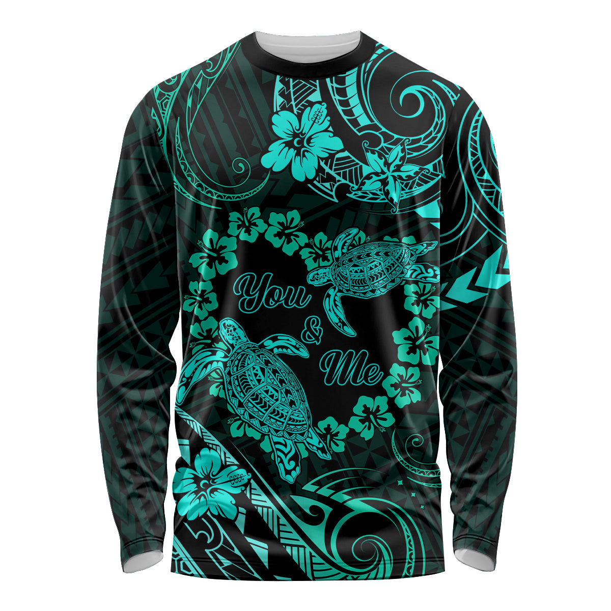 Polynesian Turtle Valentine Long Sleeve Shirt You And Me Turquoise Hibiscus Heart LT01 Unisex Turquoise - Polynesian Pride