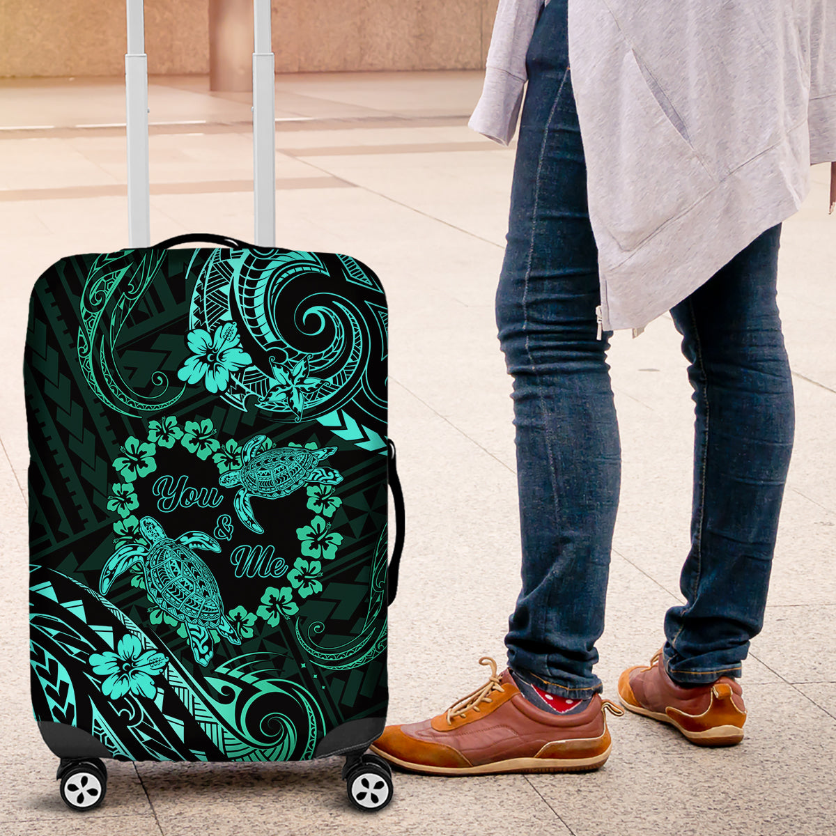 Polynesian Turtle Valentine Luggage Cover You And Me Turquoise Hibiscus Heart LT01 Turquoise - Polynesian Pride