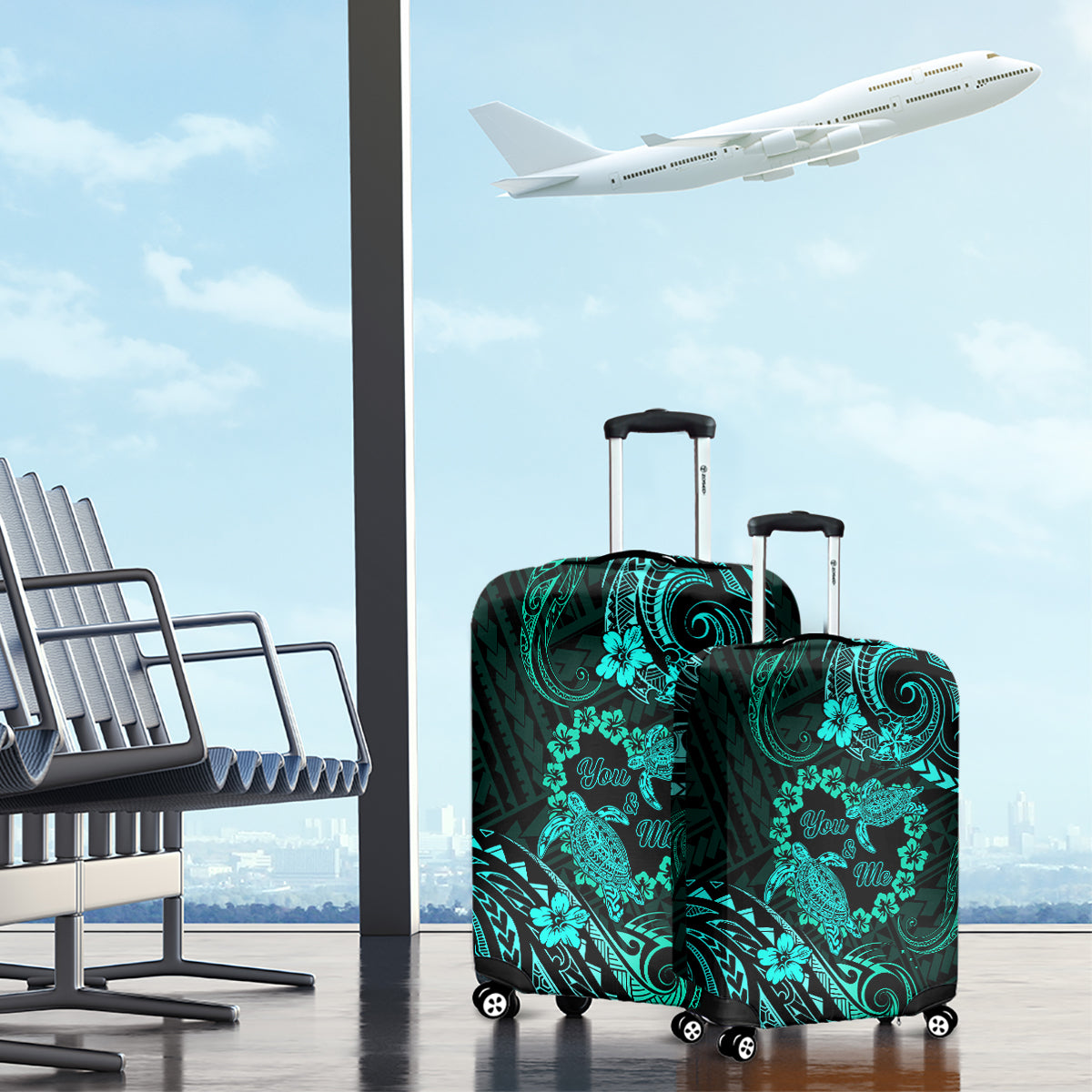 Polynesian Turtle Valentine Luggage Cover You And Me Turquoise Hibiscus Heart LT01 - Polynesian Pride