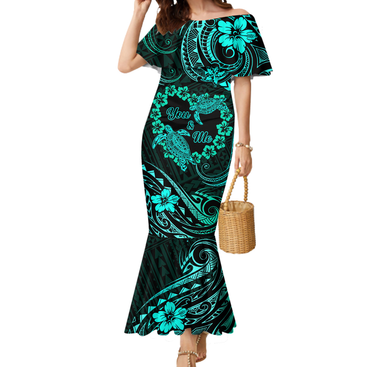 Polynesian Turtle Valentine Mermaid Dress You And Me Turquoise Hibiscus Heart LT01 Women Turquoise - Polynesian Pride