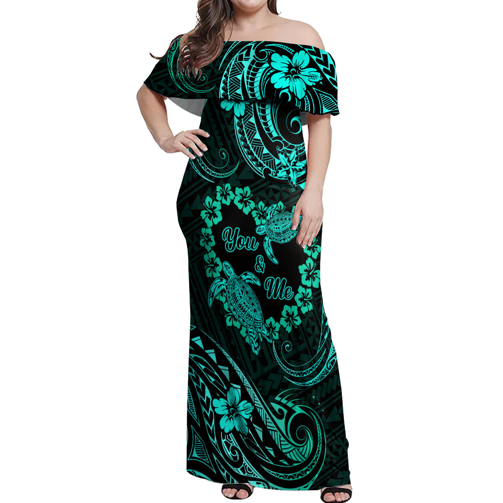 Polynesian Turtle Valentine Off Shoulder Maxi Dress You And Me Turquoise Hibiscus Heart LT01 Women Turquoise - Polynesian Pride